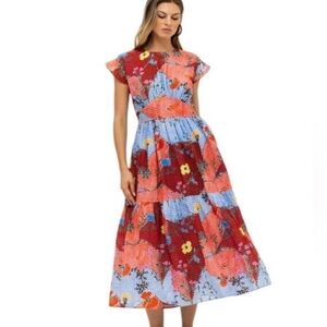 Oliphant Stockholm Floral Patchwork Flowy Midi Dress Sienna Color Size S